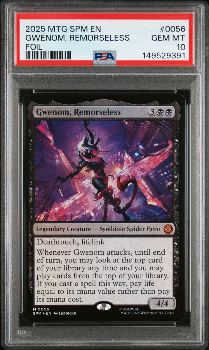 gwenom mtg card Exploring the Disappointment of Spiderman Magic Set until end of turn you may look at the top card of your library any time and you may play cards from the top of your library Gwenom, Remorseless Marvel's Spider-Man Foil