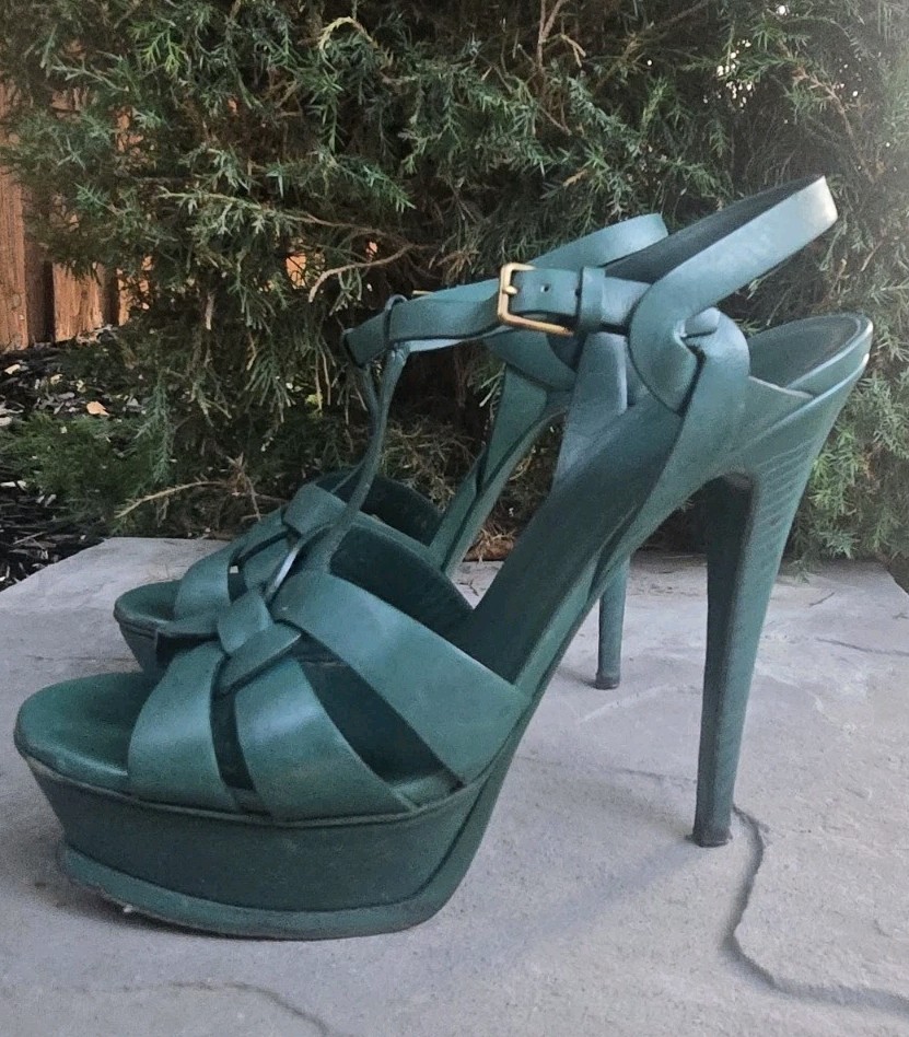 YSL Saint Laurent Tribute Tacchi 38 5 Verde Smeraldo Rara Pompa in Pelle Intrecciata...