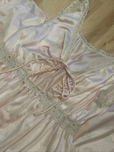 Victorian Dusty Pink Satin Slip Dress, Lace Trim Keyhole Neck Vintage Night Gown - Picture 3 of 24