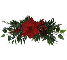 Red Poinsettia & Berry 22" Wall Door Arch Silk Flower Swag Arrangement Christmas