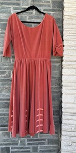 VTG 1950’s Emma Domb Velvet Party Dress Bows Ruching Coral