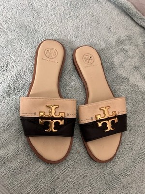 Tory Burch Everly Calf Leather Slide Size 5 Tan Black Logo Sandals