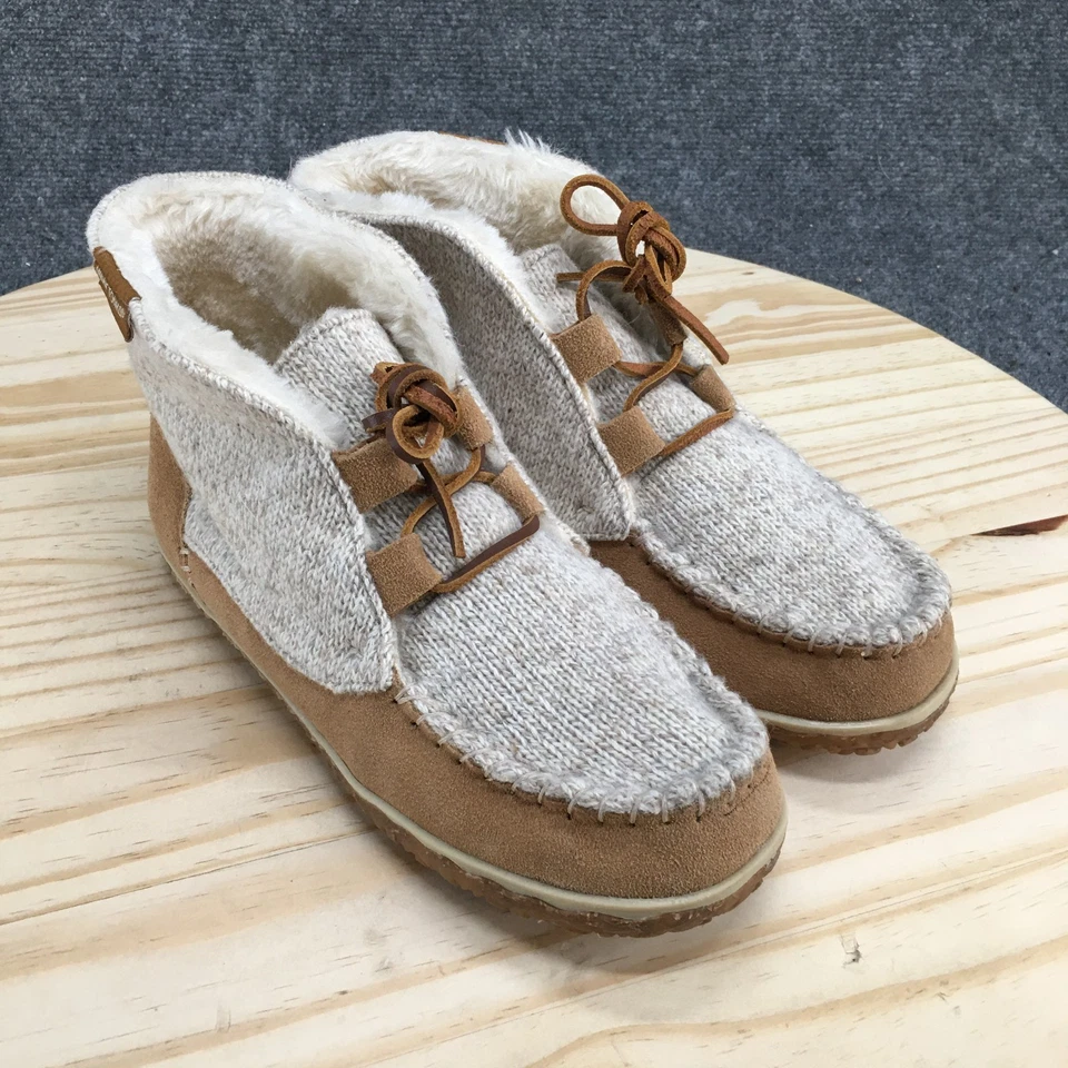 Zapatillas Minnetonka Mujer 8 Anchas Torrey Botín Beige Cuero Con Cordones 40141W Foto 3 de 4