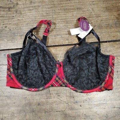 Cacique Bra 42 F Black Lace Underwire Balconette Red Plaid NWT NEW Sexy Support