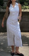 ZARA WHITE LAPEL COLLAR SLEEVELESS COTTON GABARDINE ZIPPED MIDI DRESS Sz M Bnwt