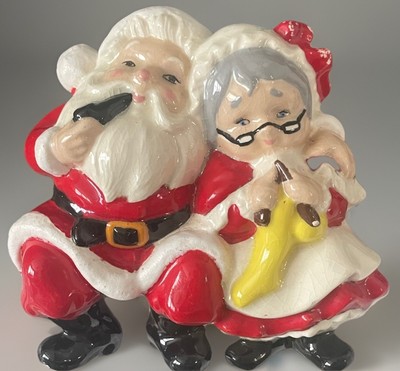 Santa(s) Ceramic Duo Mr. with a Pipe and The Mrs. Knitting Vintage Shelf Sitter
