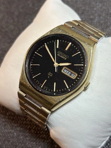 Vintage Seiko SQ Men 36mm Watch 7546-812H Gold Tone,Black Dial,Day/Date,Runs