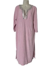 Quacker Factory French Terry Caftan Mumu Maxi Dress MED Mother Of Pearl Buttons