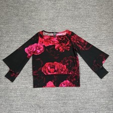 Clara Sun Woo Shirt Women Small Black Pink Floral Slinky Long Sleeve Artsy Dark