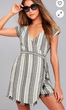 Lulus Boho Island Retreat Grey Stripe Fringe Trim Wrap Mini Dress Size X-SMALL