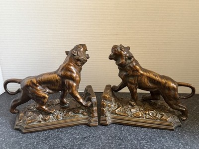 Antique Ronson Art Metal Works  Roar Of The Tiger  Bookends c. 1925 Art Deco 