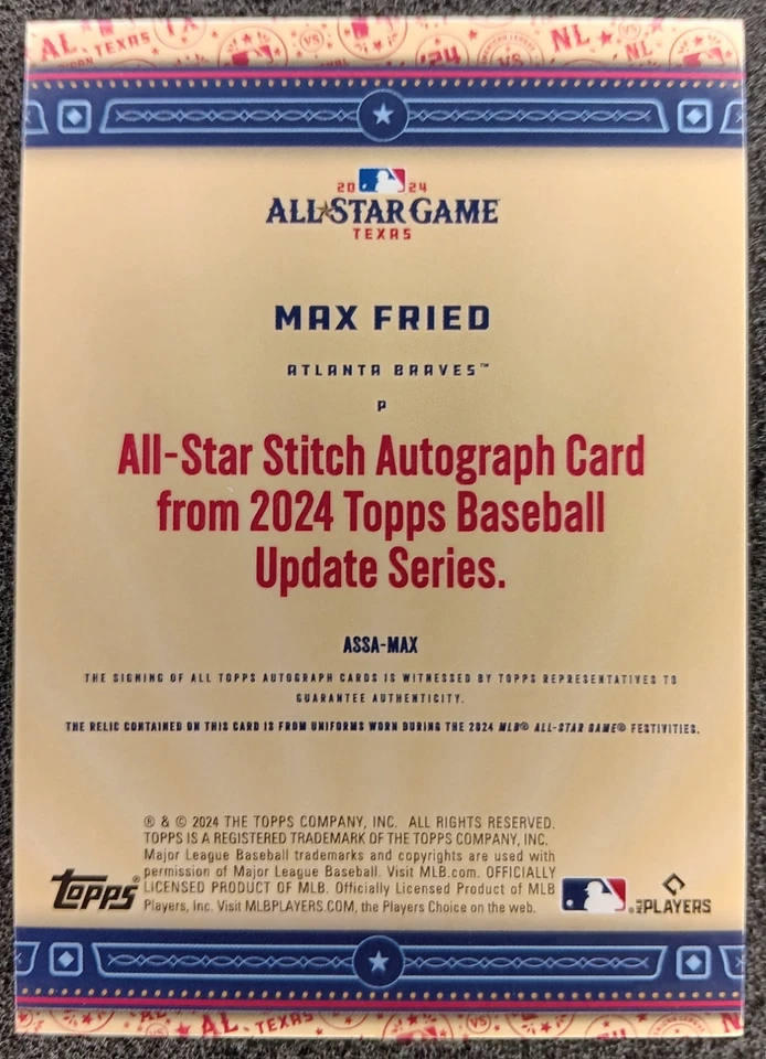 2024 Topps Update All-Star Game Parche Usado Automático Max Fried/25 Braves SP 🔥🔥🔥 Foto 2 de 2