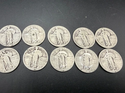 10 Standing Liberty 90% Silver Quarters $2.50 FV - Well Worn. 58.62 grams
