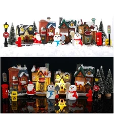 16 Pieces Christmas Village Houses Set Decorations LED Lights Christmas Town ...