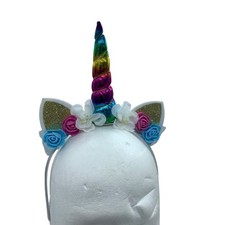 Rainbow Unicorn Horn Headband With Glitter Ears Floral Accents For Kids