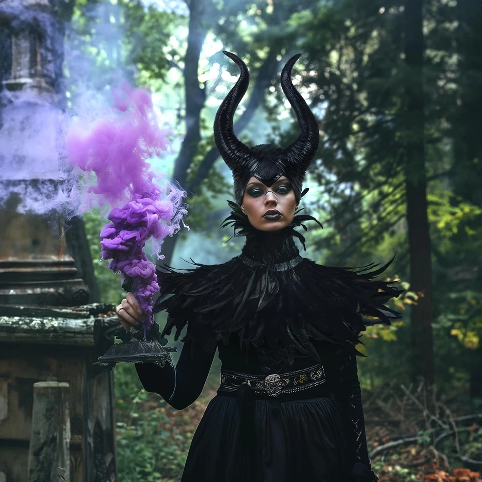 Evil Queen Feather Horns Costume for Women Black Cape Halloween Headpiece Shawl  - Image 3 of 4