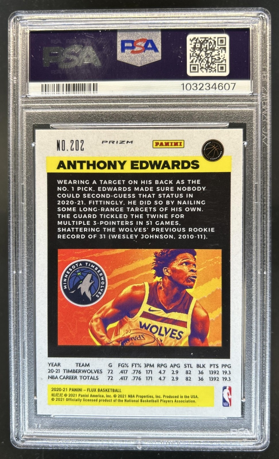 2020-21 Panini Flux Anthony Edwards RC Laser Rookie #202 Timberwolves PSA 10 view 2
