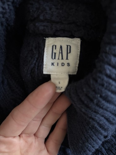 Gap Kids Sweater Boys 6/7 Cable Chunky Knit Fleece Mock Neck Button Navy Blue - Picture 4 of 8