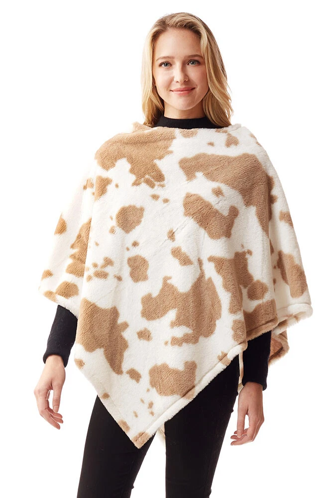Anthropologie Style Women's Luxury Boho Cow Print Soft Fur Poncho Shawl
