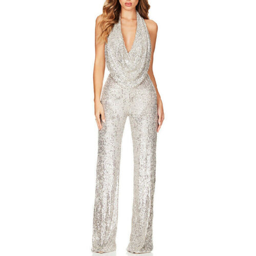 Ladies Sexy Sequin V Neck Backless Jumpsuit Slim Fit Sleeveless Romper Nightclub - Picture 3 of 13
