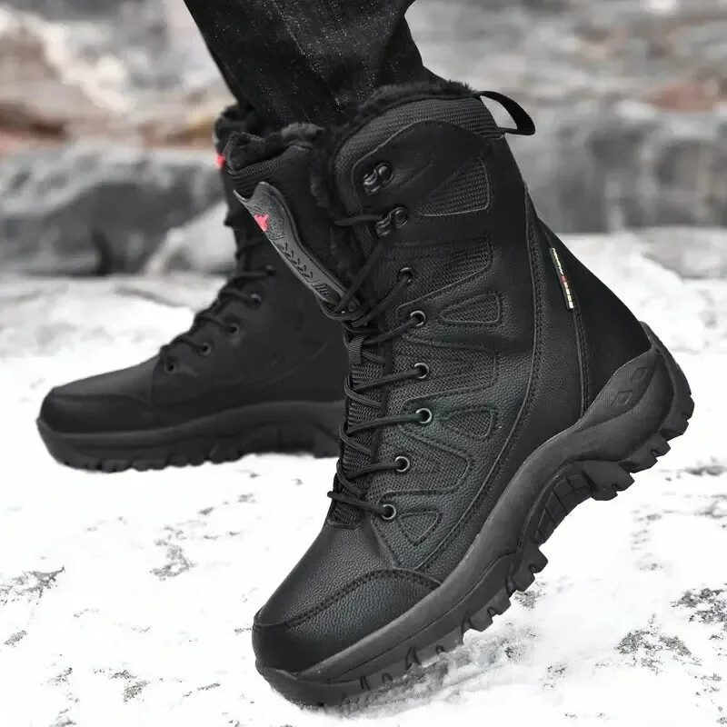 2025 Waterproof Warm Plush Fur Snow Boots for Men Non-Slip Leather Combat Boots-image