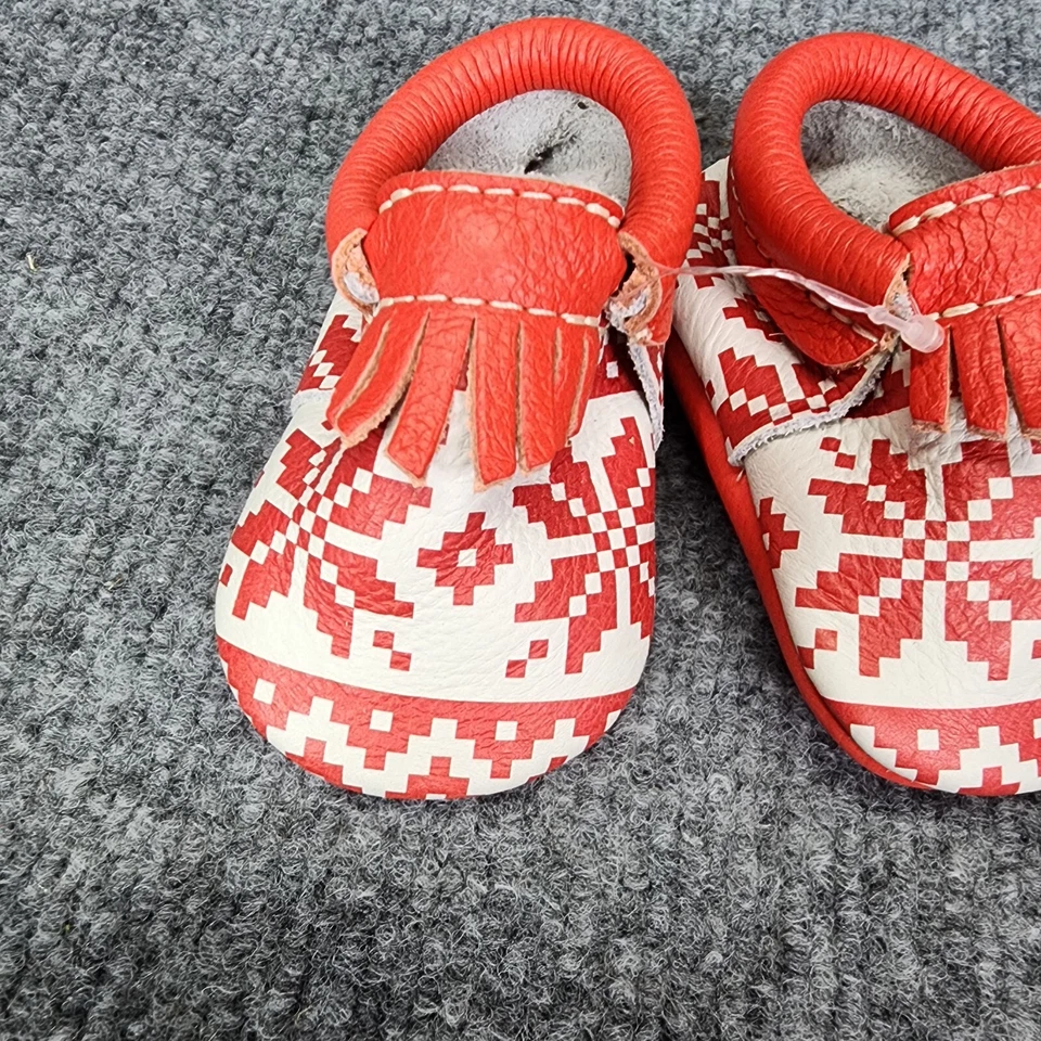 Freshly Picked Baby City Moccasins size 1 Red and white Fringe Leather Christmas - Image 2 of 4