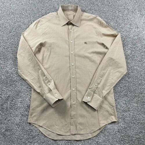 Burberry Brit Shirt Men Medium Brown Striped Button Up Nova Check Flip Cuff Logo