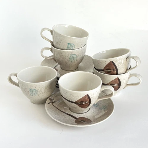 Vtg Red Wing Pottery Lute Song Cups & Saucers Set Of 6 Tea Coffee MCM USA
