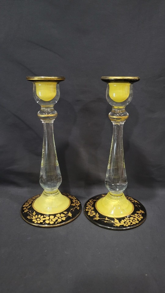 Pair of Antique Hand Painted Pressed Glass Candle Holders eBay