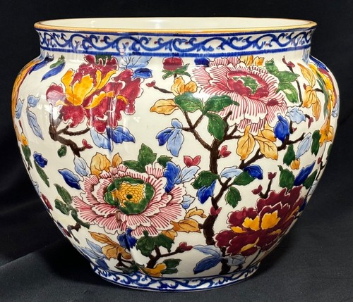 Gien France Peony Cache Flower Pot Ceramic Hand Painted Large 10" D - Picture 11 of 17