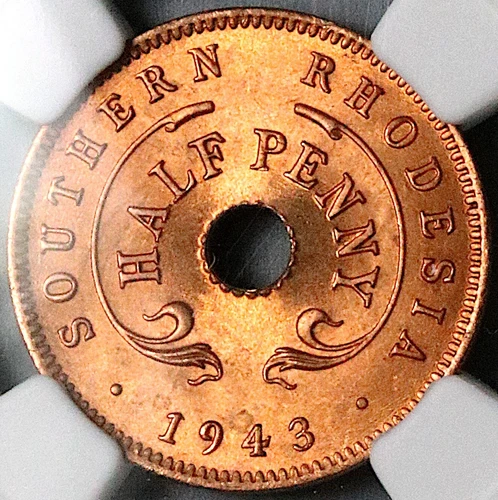 1943 NGC MS 66 RD Southern Rhodesia 1/2 Penny George VI Coin Pop 4/1 (25042901C)