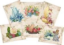8 VINTAGE IMAGES FLOWERS NOTE CARDS BLANK GLOSSY IVORY ENVELOPES ORGANZA BAG