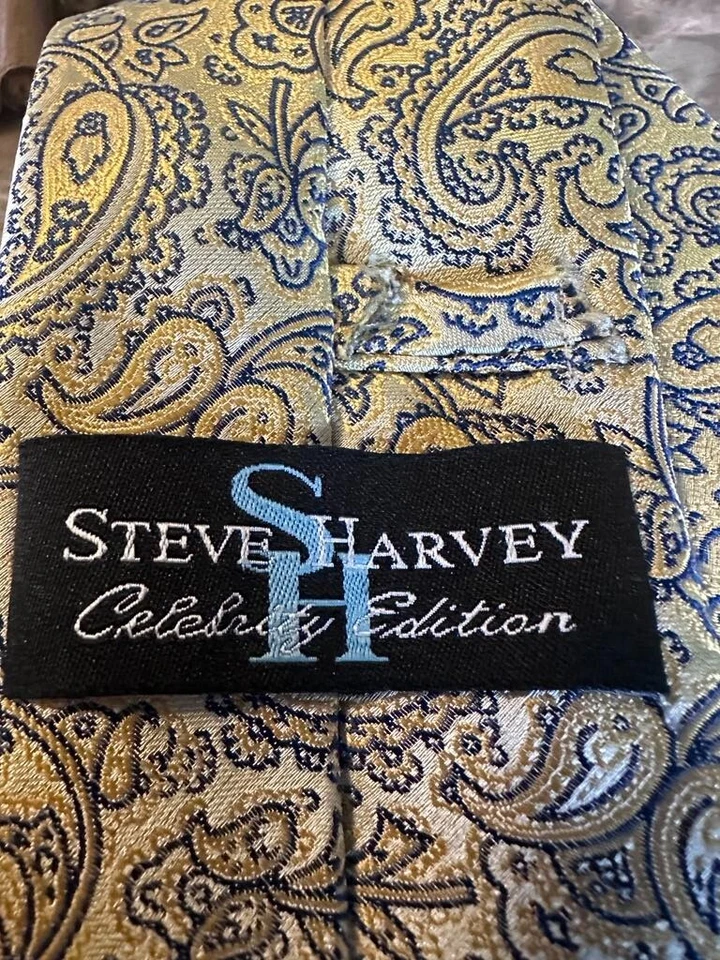 Corbata de seda para hombre Steve Harvey amarillo cachemir celebridad edición negra color clásico Foto 3 de 4