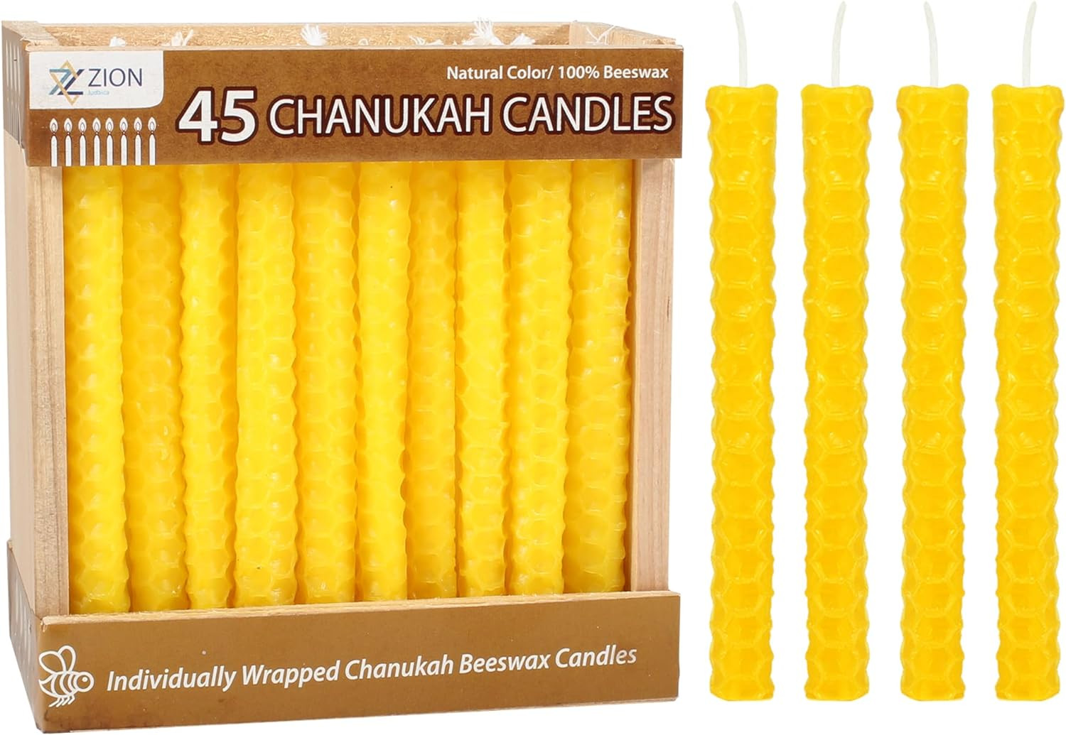 Zion Judaica Natural Beeswax Hanukkah Candles Set in a Wooden Crate Honeycomb De
