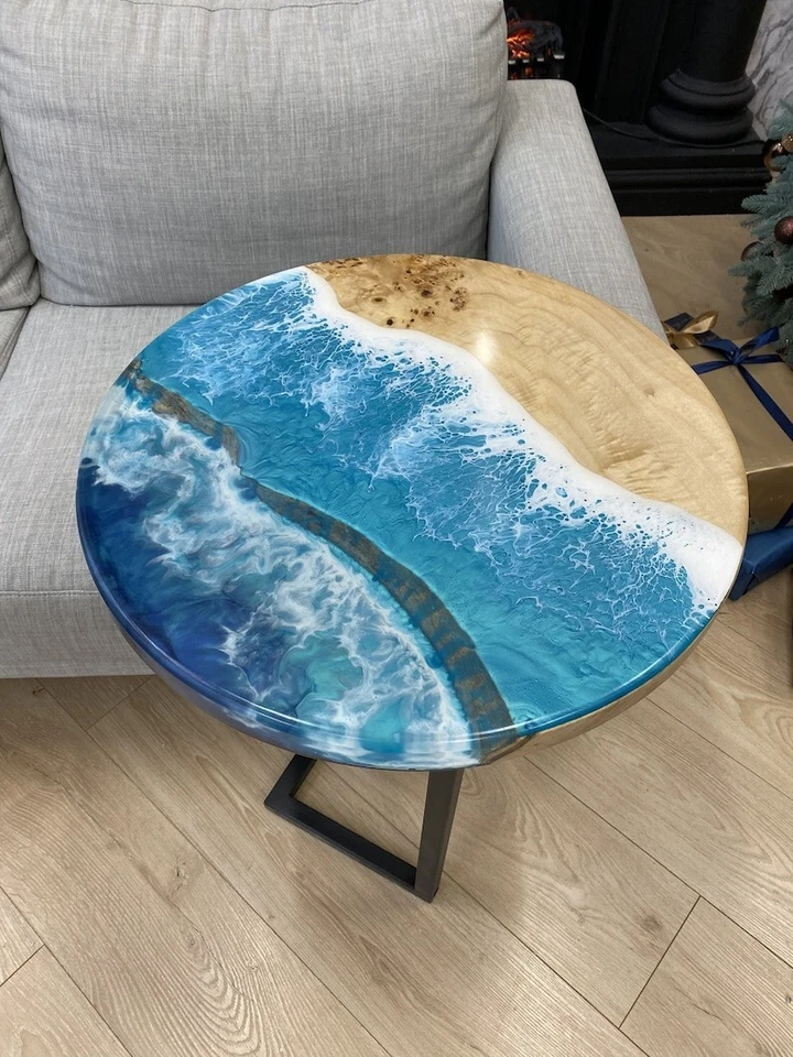 OCEAN WAVE EPOXY & CUSTOM WOOD END & SIDE TABLE, COFFEE & CENTER TABLE WITH LEGS - Image 2 of 4