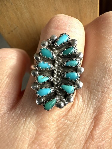 Vintage Zuni Petit Point Needlepoint Cluster Turquoise Ring Sz 5 Sterling Silver - Picture 5 of 8