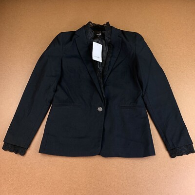 Oodji Ultra Women's Size 4 Slim Fit Black Lace Trim 1 Button Closure Blazer NWT