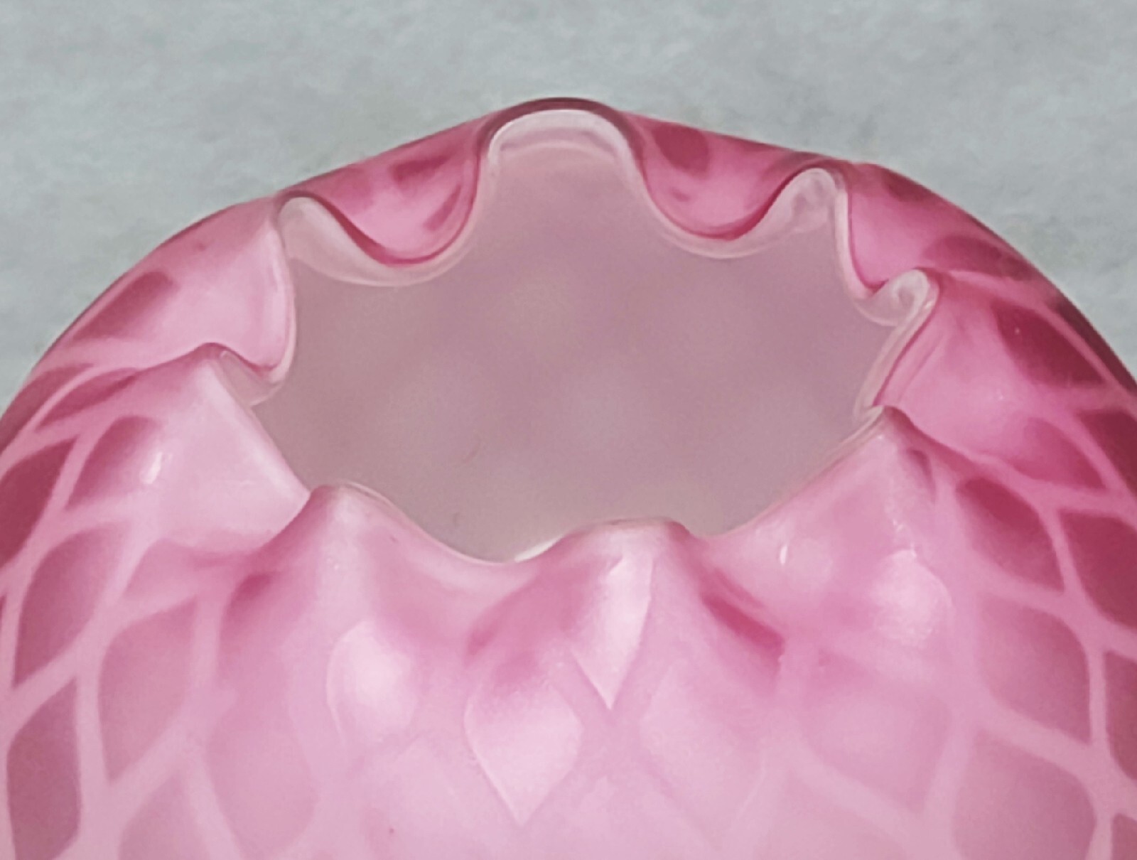 Antique Optic Diamond Pink Cased Satin Glass Pinched Rim Rose Bowl