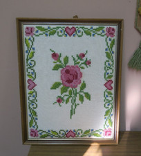 Vintage Hand Made Cross Stitch Embroidery Rose 15" x 20" - 17" x 22" Framed