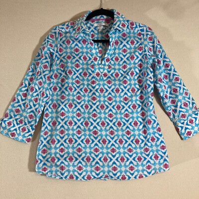 Foxcroft NYC Popover Top Sz 4 Blue/Pink Print Wrinkle Free 3/4 Sleeve Cotton