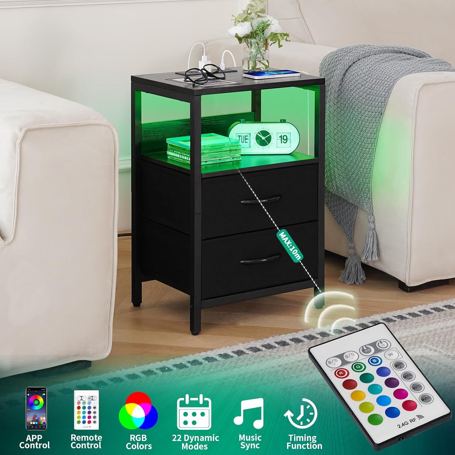 Nightstand with Charging Station, LED Night Stand with Fabric Drawers