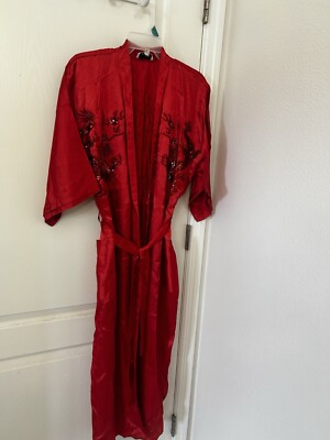 Red Satin Women Robe With Embroidery, Rhinestones, Beads And Sequin. Size Medium