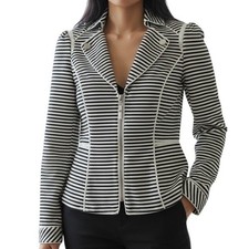 WHITE HOUSE BLACK MARKET Striped Zipper Front Peplum Hem Black White Jacket 0