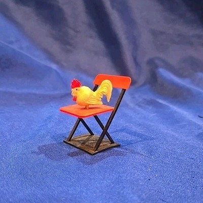 Antique 1930s Miniature 2''  Celluloid Chicken On A Chair Japan