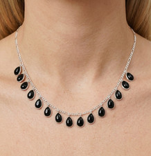 925 Solid Sterling Silver Black Onyx Pear Shape Necklace - 18.5 Inch