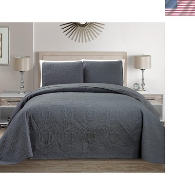 Mk Collection Oversized 3pc King/Cal King Bedspread Set in Elegant Dark Grey