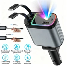 4 in 1 Retractable Fast Car Charger with Starlight 66W USB C for iPhone&Android