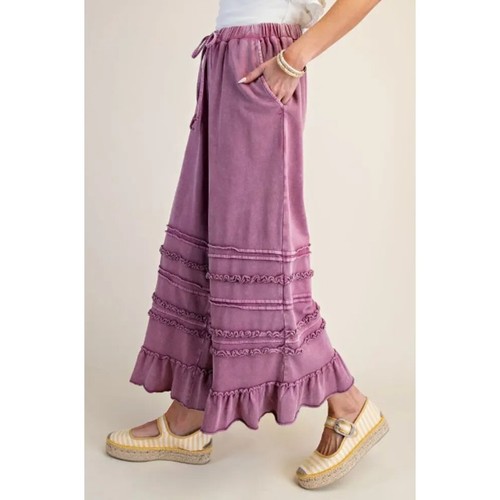 Easel Raspberry Mineral Wash Ruffle Wide Leg Pants Size L - Romantic Boho