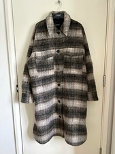 Women's Grey Checked Longline Coat Jacket Shacket Wool Blend Monki Size L
