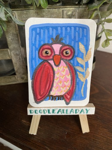 ACEO ORIGINAL Owl BIRD art miniature Drawing DOODLEALLADAY 2025 Signed OOAK